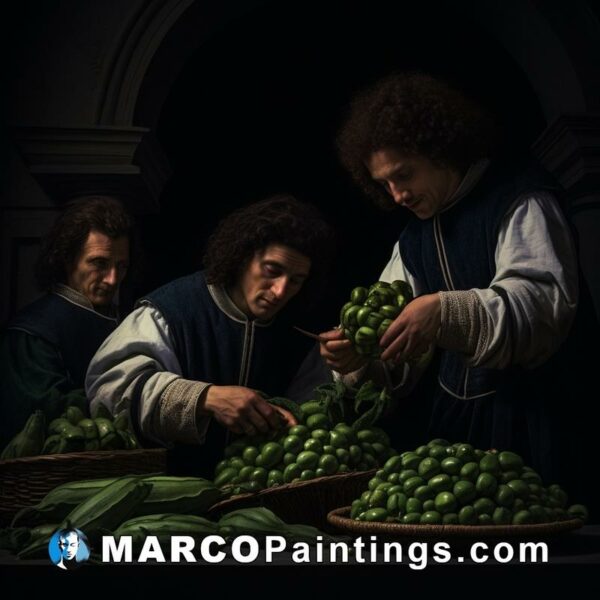 Painting of men inspecting a bunch of green beans