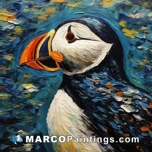 Painting of puffin on a blue background