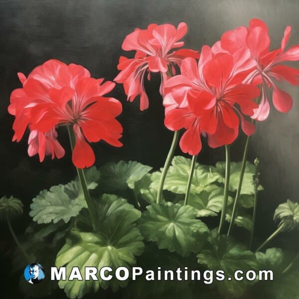 Painting of red geraniums in a dark room