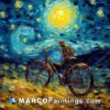 Painting of starry night with bicycle