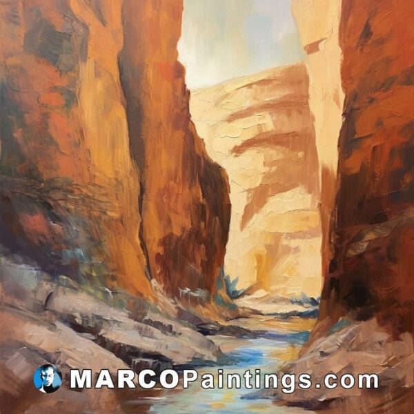 Painting of the canyon with blue water and rocks