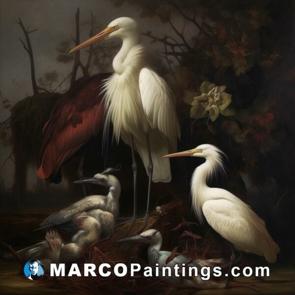 Painting of three white egrets in a nest