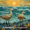 Painting of two gulls at sunset at the shore