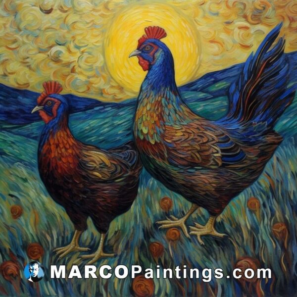 Painting of two hens in a field at sunset