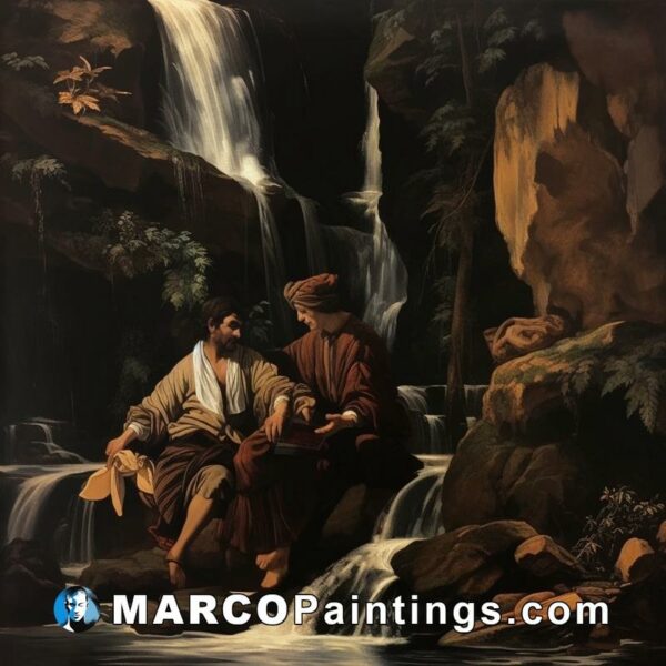 Painting of two men by a waterfall
