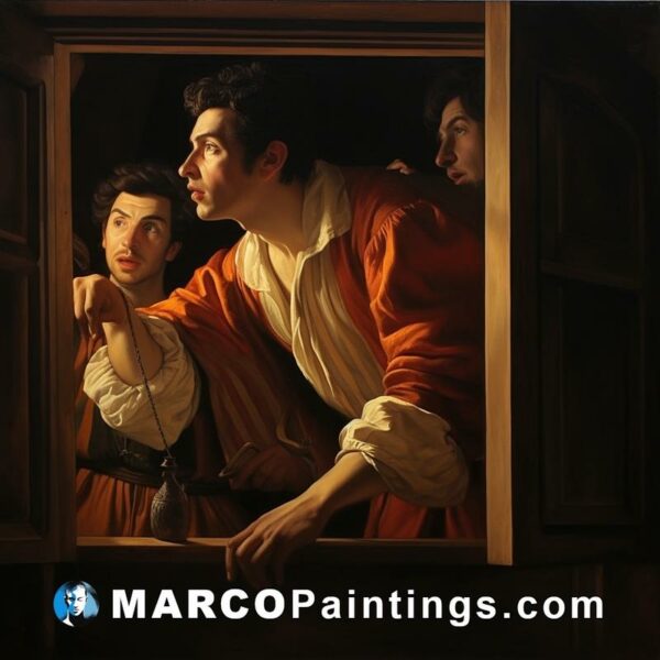 Painting of two men looking into an open window