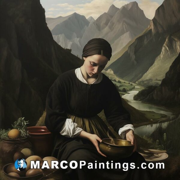 Painting of woman with a bowl holding several fruits near mountains