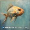 Painting on paper of a goldfish with blue sky background