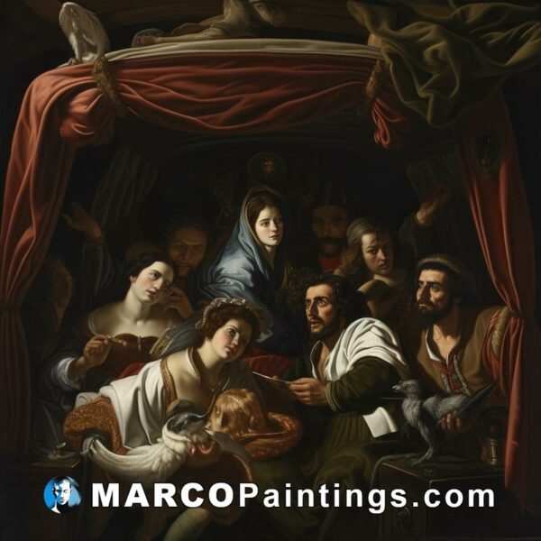 Painting shows people with a jesus sitting on a couch