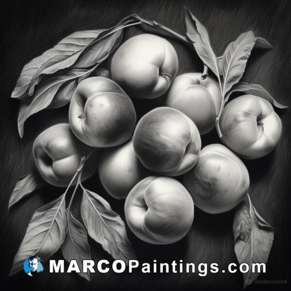 Peaches on a leaf is a black and white drawing