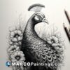 Peacock drawing with flowers and pencils