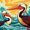 Pelicans walking on the waves illustration