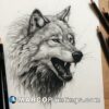 Pencil drawing of a wolf with paper and pencils