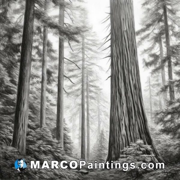 Pencil drawing of tall trees through a forest