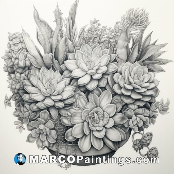 Pencil drawings of succulents in a vase