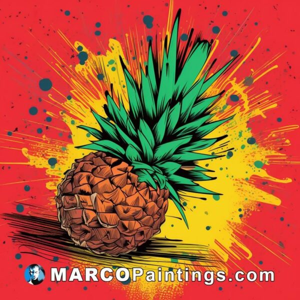 Pineapple on red background with a splashed paint background