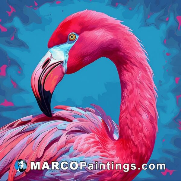 Pink bird with blue background and flamingo tail