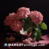 Pink flowers are in a metallic vase on a background