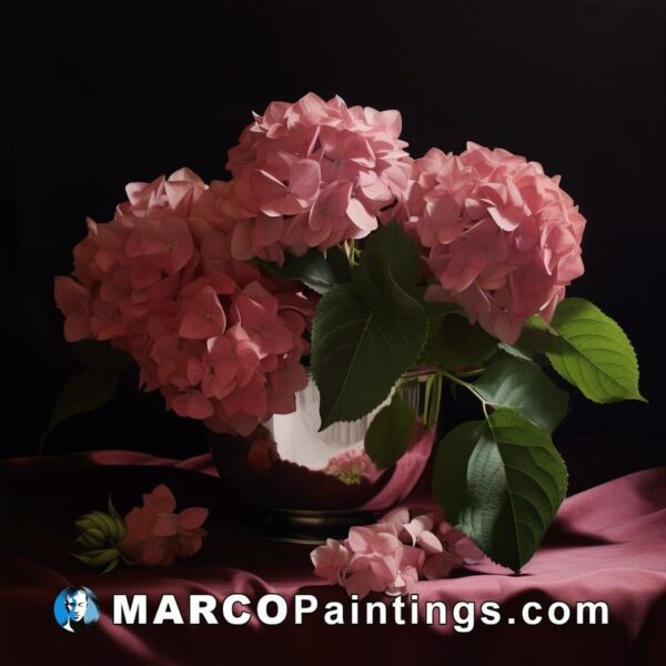 Pink flowers are in a metallic vase on a background