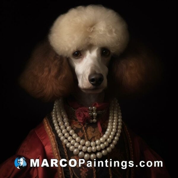 Poodle dressed like a lady in pearls and lace standing in the dark