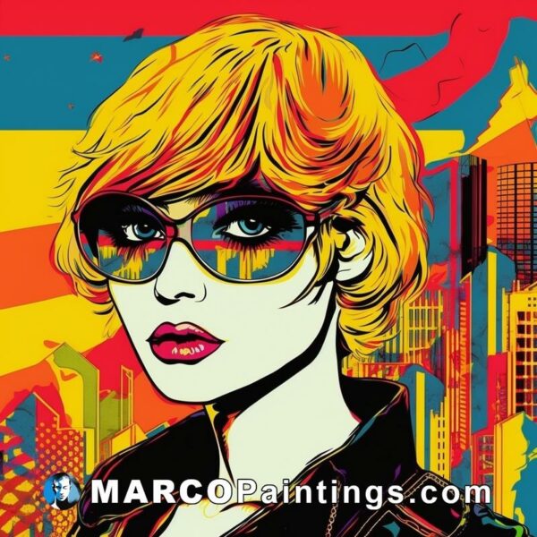 Pop art female with sunglasses in front of colorful backdrop