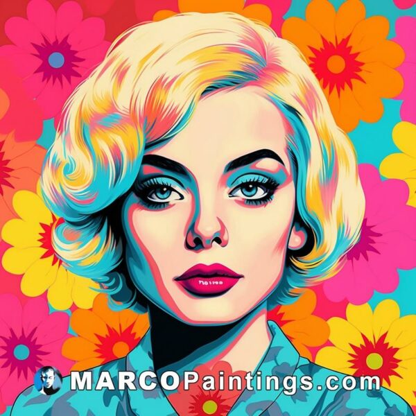 Pop art girl with blue hair and flowers