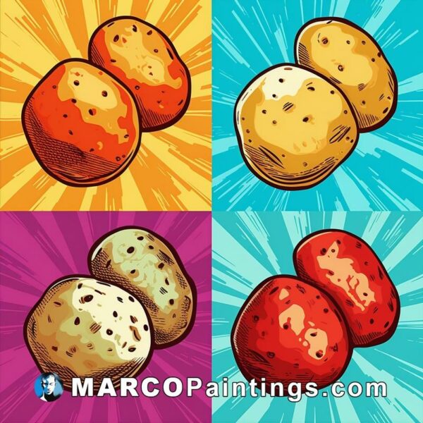 Pop art potato in different colors on four backgrounds