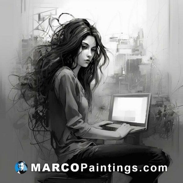 Portrait art of a young woman operating a laptop hd wallpaper by alfredo lucchi