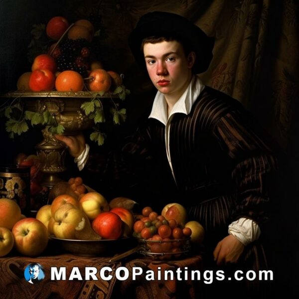 Portrait of a boy with fruit in front of an ornament