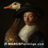Portrait of a duck hatped man holding a goose