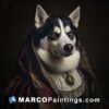 Portrait of a husky dog wearing an ancient costume