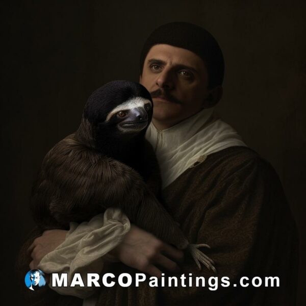 Portrait of a man in costume with a sloth