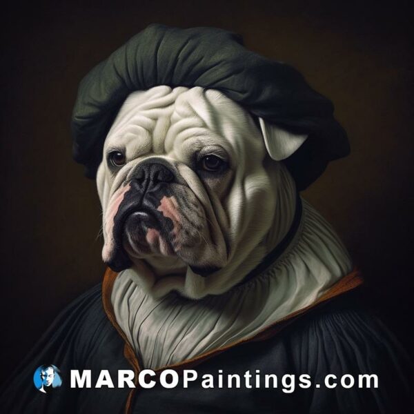 Portrait of bulldog with an old cloak and black turban