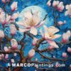 Portrait of magnolia blossoms on a tree with a moon over it