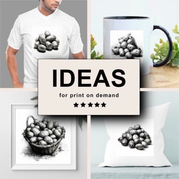 Potatoes Black White Draw Sketch Merchandising