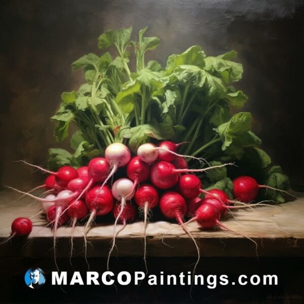 Radishes are shown in a painting on a table