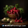 Radishes on table in white wooden bowl