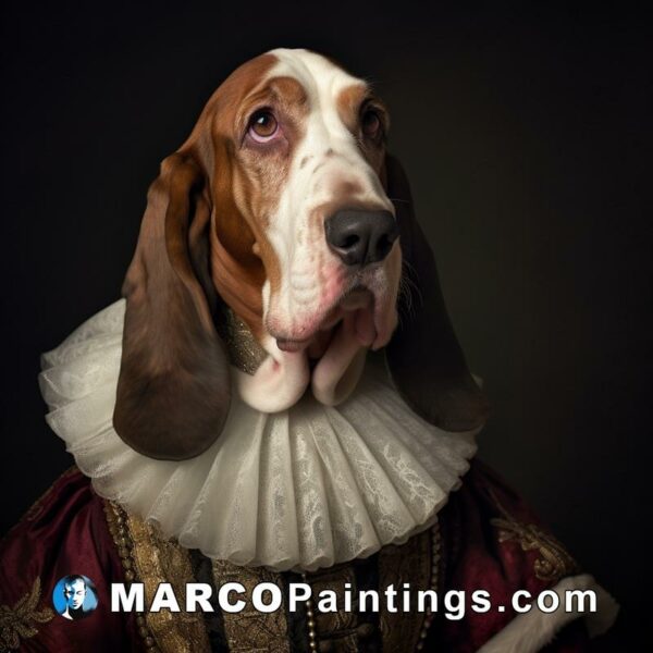 Rebecca huffington portrait of a basset hound wearing a dress with lace
