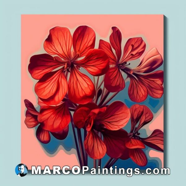 Red geranium flowers on blue background canvas on wall