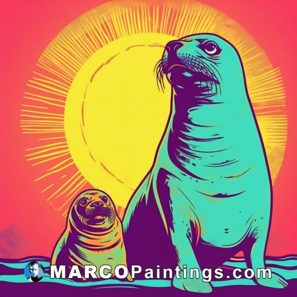 Sea lion and pup in ocean blue and orange background