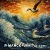 Seagulls and waves at sunset oil painting
