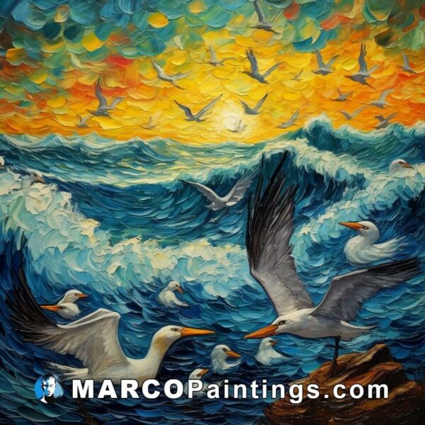 Seagulls on waves with sun on the horizon