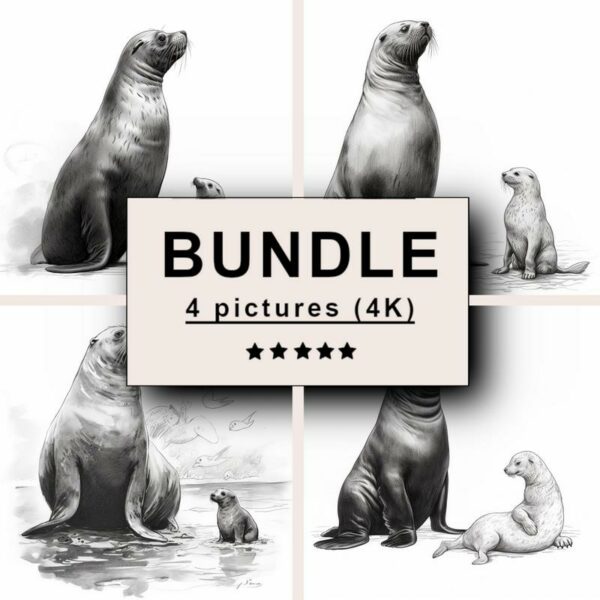 Seal and Sea Lion Black White Draw Sketch Bundle