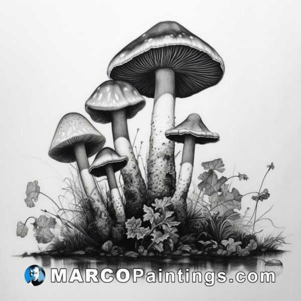 Shinichi yoshihide's black and white drawing of mushrooms