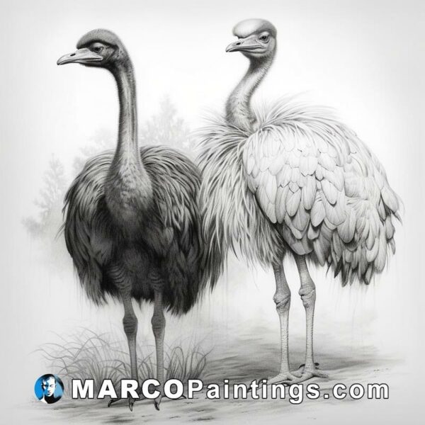 Sketch drawing of a pair of ostriches in black and white