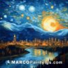 Starry night city skyline painting