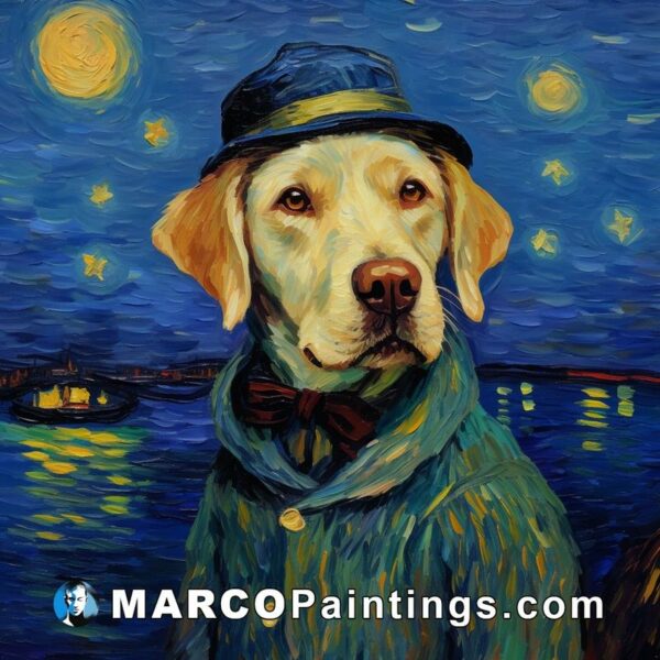 Starry night dog in blue coat