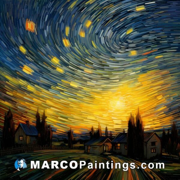 Starry night in countryside with field and buildings at night night sky digital painting person
