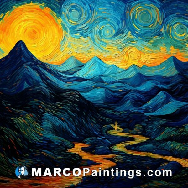 Starry night painting of a mountain