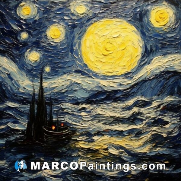 Starry night painting showing a boat in the ocean